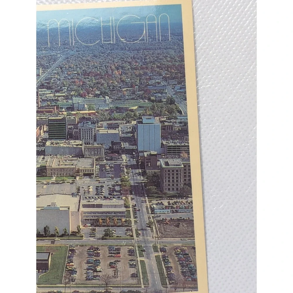 c1970s Lansing, Mich. Birds Eye Downtown State Office Civic Postcard